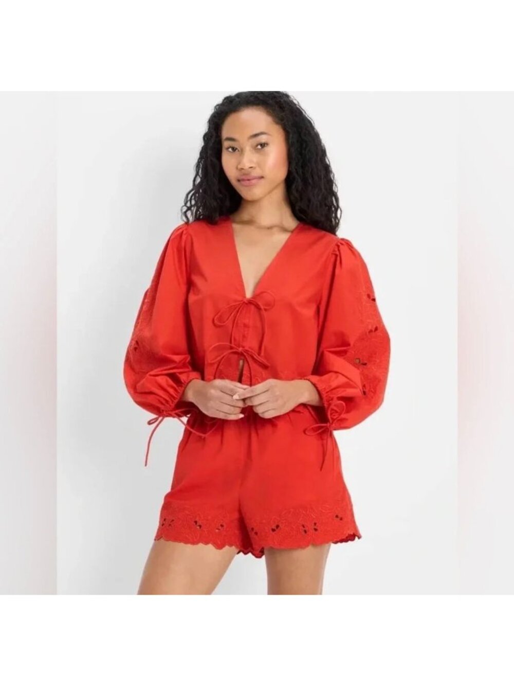 FUTURE COLLECTIVE Long-Sleeve Eyelet Tie-Front Poplin size M NWT